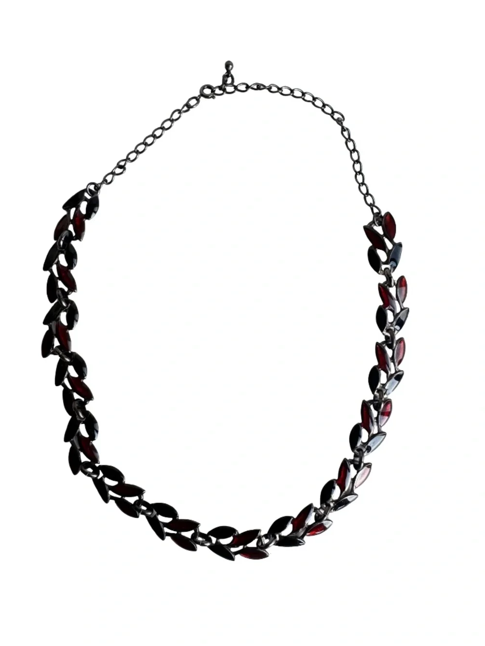 Vintage Red Black Enamel Leaf Necklace Gunmetal Tone Collar Botanical Statement